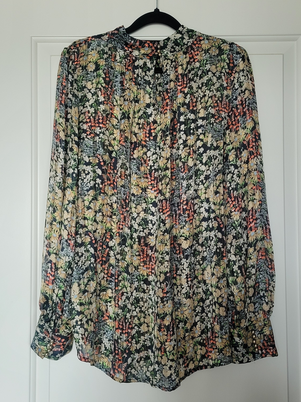 H&M Sheer Mock Neck Multicolour Floral Dainty Long-Sleeve Blouse - Women's XL